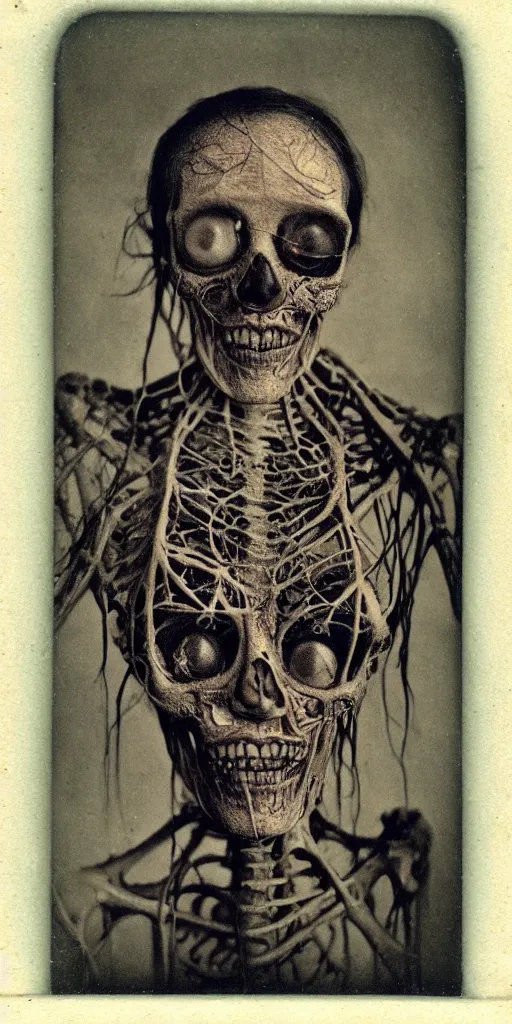 Image similar to an 1 9 1 0 polaroid photography of a very sad and detailed rotten woman corpse with fractal ornate growing around her face muscles, veins, arteries, bones, anatomical, skull, eye, ears, full body, intricate, surreal, ray caesar, john constable, guy denning, dan hillier, black and white