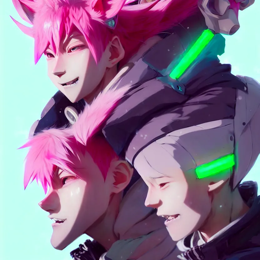 Image similar to a beautiful portrait of a handsome anime male boy with pink hair and pink wolf ears and green eyes wearing cyberpunk clothes. character design by cory loftis, fenghua zhong, ryohei hase, ismail inceoglu and ruan jia. artstation, volumetric light, detailed, photorealistic, fantasy, rendered in octane