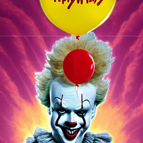 Prompt: a movie poster featuring Pennywise jumping out of a birthday cake