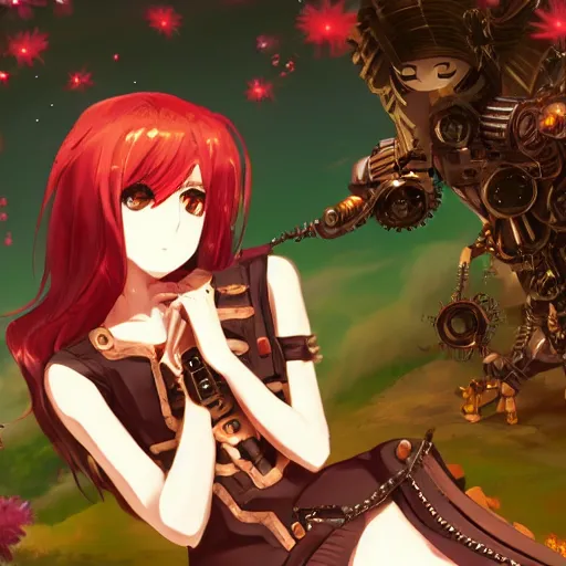 Image similar to robotic steampunk anime girl with steampunk wings sitting next to a guy with red hair in front of a tree, extremely detailed, cinematic lighting, vast landscape background, clouds, flowers,