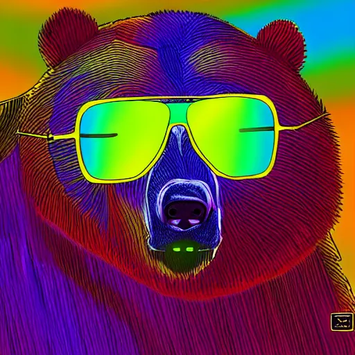 Prompt: bear in sunglasses. digital art. high quality. high accuracy. psychedelic style