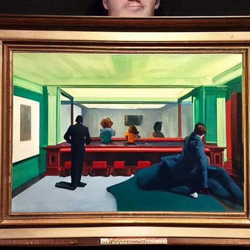 Prompt: painting, view from inside edward hopper's painting nighthawks, of people in art museum looking at the painting, by magrirre, by neo rauch