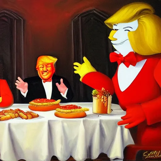 Prompt: donald trump having a banquet with ronald mcdonald the kfc colonel and the burger king in a castle. oil painting.