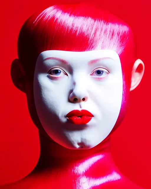 Image similar to symmetrical portrait of a woman wearing a pink silicone beauty mask and red hair rolls, wearing a red bodysuit by alexander mcqueen, cream white background, biotechnology, bjork aesthetic, translucent, by rineke dijkstra, masterpiece