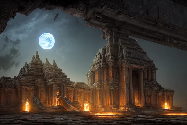 Prompt: beautiful hyperrealistic hyperdetailed epic hdr 3 d render by octane of the mysterious intricate ruins of a temple from an advanced alien starwars civilization under the crescent moon by alejandro burdisio and george ines, dramatic lighting