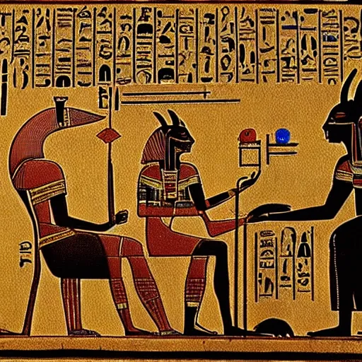 Image similar to ancient egyptian art of anubis working on a computer