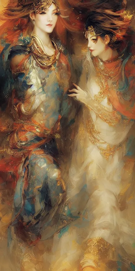 Prompt: greeting card, love, 2 beautiful royal gods, by ruan jia, warm colors, cozy