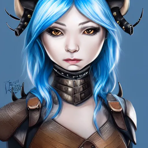 Image similar to illustrated realistic portrait female prong-horned kobold with blue bob hair and solid dark eyes wearing strap leather armor by rossdraws