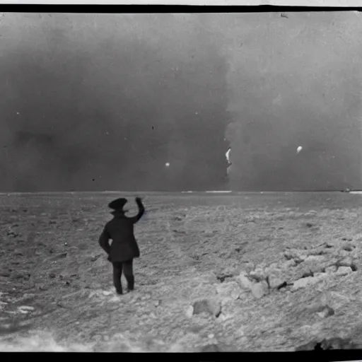 Image similar to a person takes a photo of an asteroid impact, taken on a ww 1 camera, dead people are floating in the ocean, the sky is filled with smoke.