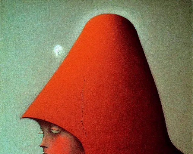 Image similar to by francis bacon, beksinski, mystical redscale photography evocative. devotion to the scarlet!!! woman!!!, priestess in a conical!!! hat, coronation, ritual, sacrament