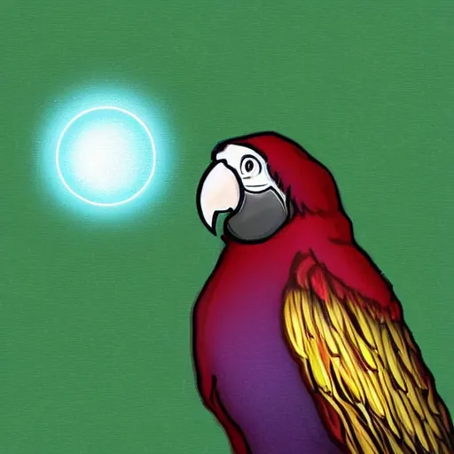 Prompt: Wizard parrot ponders their magic orb , digital art