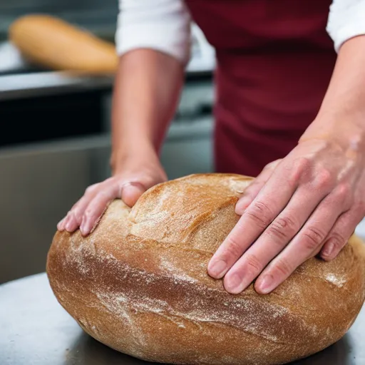 Prompt: a woman kneading bread with her hands
