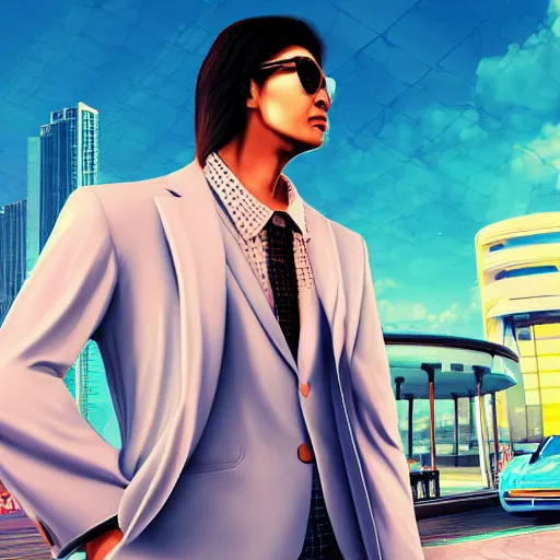 Prompt: vaporwave miami beach yakuza in suit driving in sports car driving with city in background