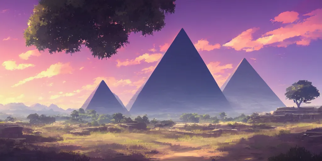 Prompt: a stunning dresert landscape with a pyramid in the distance by makoto shinkai