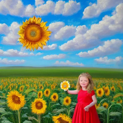 Prompt: a canvas painting of a 4 year old girl, standing in the center of the painting with her back to us, wearing a raindow colored dress, while holding a sunflower, standing in a magical meadow, on a clear night sky, hyperdetailed, artstation, cgsociety 8 k