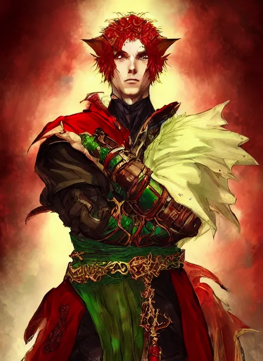 Image similar to Half body portrait of a handsome young red haired elven monk prince with dragon eyes, red, green and gold ornate robe. In style of Yoji Shinkawa and Hyung-tae Kim, trending on ArtStation, dark fantasy, great composition, concept art, highly detailed.