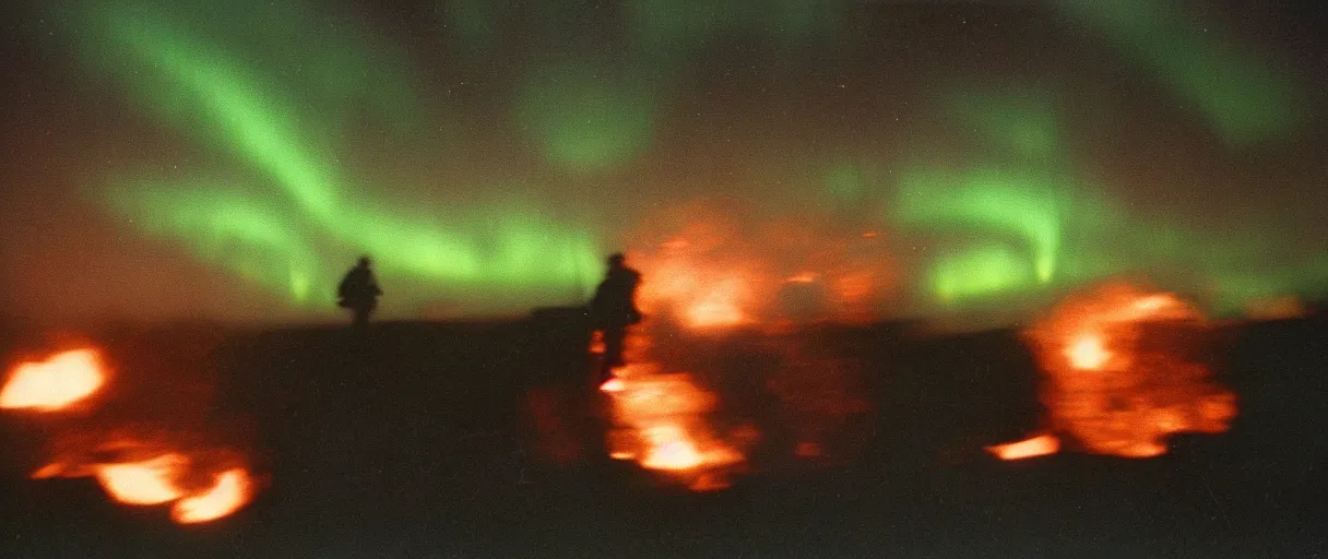 Image similar to a high quality color creepy atmospheric dimly lit extreme closeup film 3 5 mm depth of field photograph of a us soldier frantically running away from a huge explosion in mcmurdoch station in antarctica in 1 9 8 2 with the aurora borealis in the sky at night