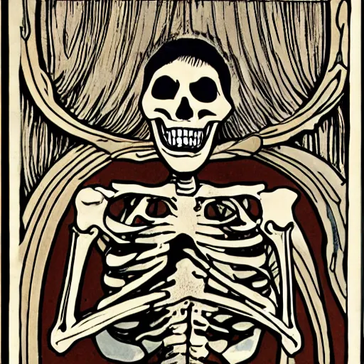 Prompt: a skeleton laughing at slug, art nouveau