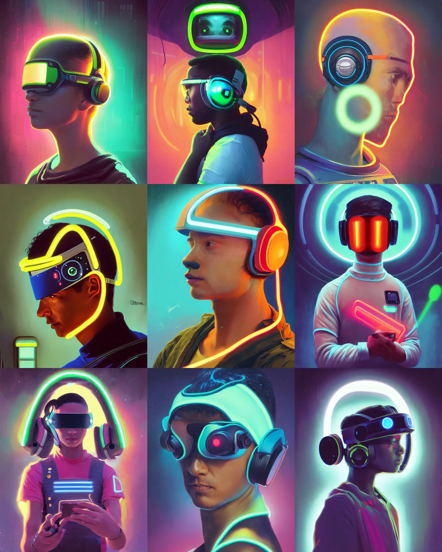 Prompt: future coder looking on, la forge visor over eyes and sleek neon headphones, neon accents, rim lighting, desaturated headshot portrait painting by dean cornwall, ilya repin, rhads, tom whalen, alex grey, alphonse mucha, donoto giancola, astronaut cyberpunk electric fashion photography