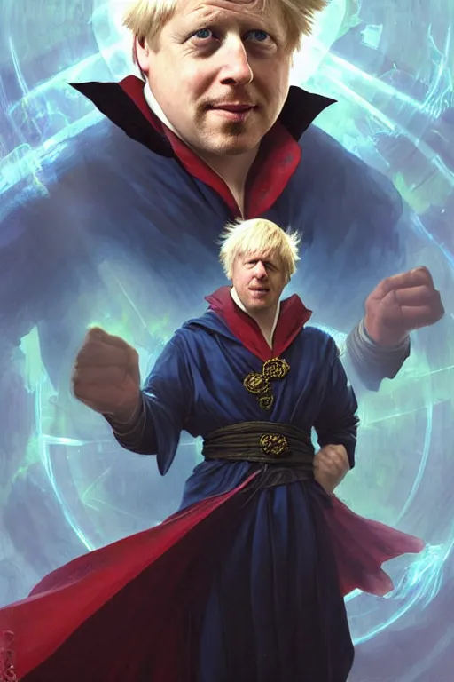 Image similar to Boris Johnson as Dr. Strange, highly detailed character in digital fantasy, painted portrait, artstation, concept art, hard focus, illustrations, works by Artgerm and Greg Rutkowski, Alphonse Mucha and Craig Mullins, James Gene, Andrey Ryabovichev, Mark Simonetti and Peter Morbacher, 16 thousand