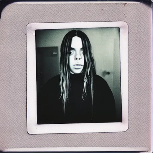 Prompt: A creepy polaroid photo of Billie Eilish chasing you down a hallway