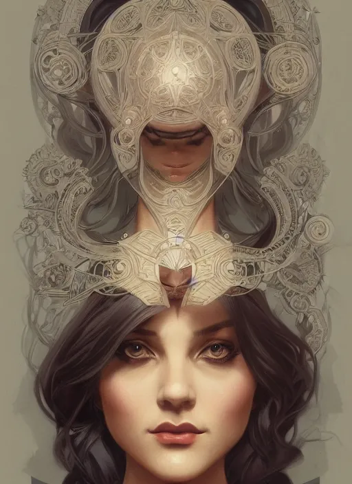 Image similar to symmetry!! pinup, machine parts embedded into face, intricate, elegant, highly detailed, digital painting, artstation, concept art, smooth, sharp focus, illustration, art by artgerm and greg rutkowski and alphonse mucha, 8 k