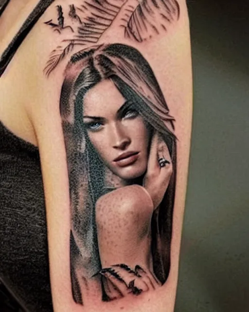 Image similar to creative double exposure effect tattoo design sketch of megan fox with beautiful mountains, realism tattoo, in the style of andrey lukovnikov, amazing detail, sharp