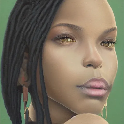 Image similar to a detailed matte oil on canvas head on symmetrical portrait of black skinned woman with long white and ( ( ( pale greenish ) ) ) hair, clothed by charlie bowater, lise deharme, wlop, trending on artstationhd, dungeons and dragons art critical role