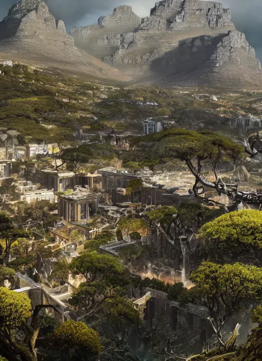 Image similar to chtulu attacking cape town city, table mountain, dense foliage beautiful details, strong composition by kim jung giu weta studio rutkowski, james gurney and greg rutkowski, and lucasfilm