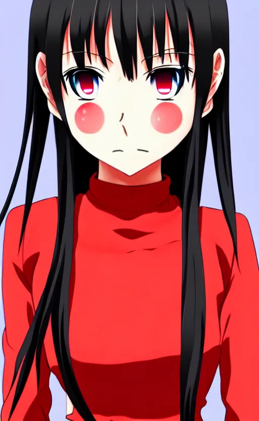 Image similar to anime girl with a detailed face and black hair in a red outfit, full body photo, illustration