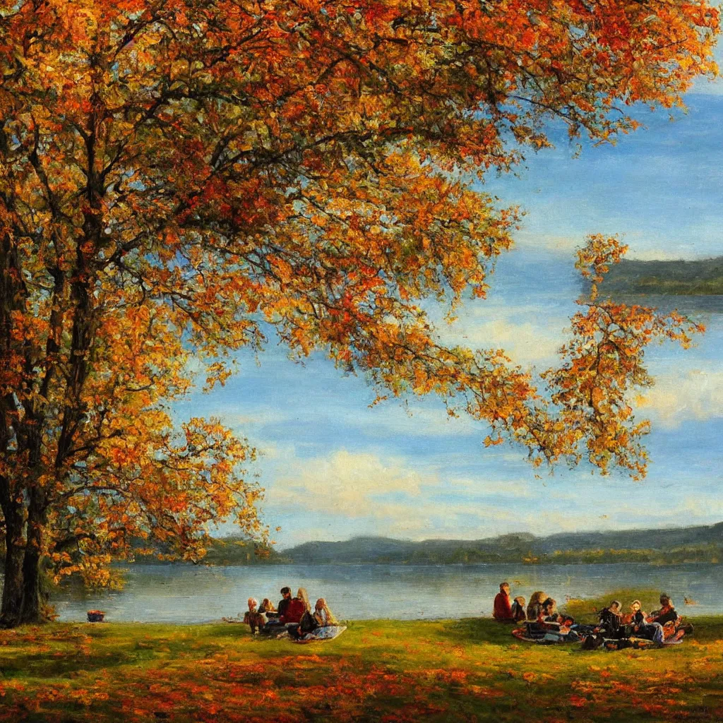 Prompt: picnic by the lake in autumn by durand