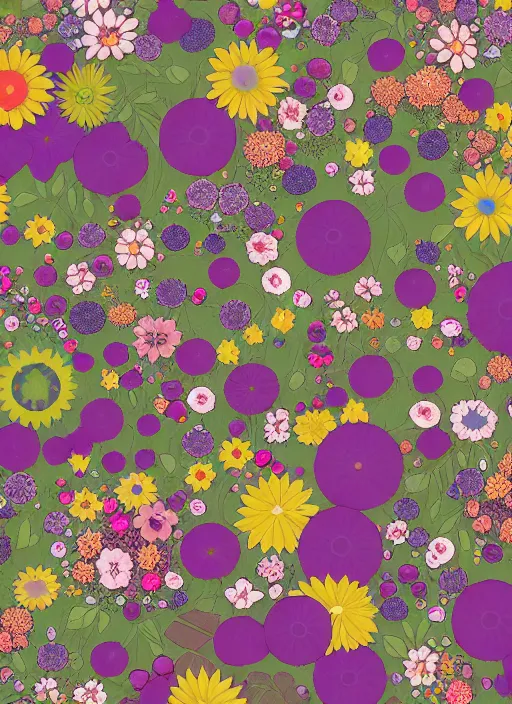 Prompt: multiverse of flowers, garden flowers pattern, berries, dragonflies, garden dwarfes by satoshi kon and greg rutkowski, 7 0's vintage sci - fi flat design