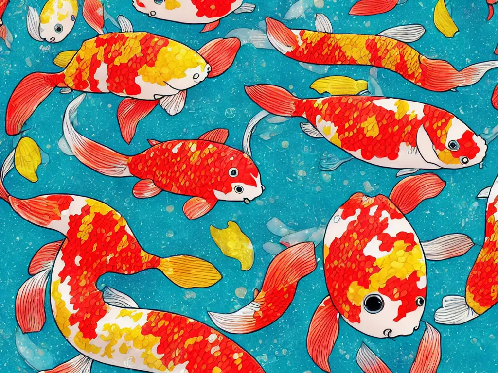 Image similar to colorful koi carp collage illustration pattern, tiny, small, miniature, short, cute and adorable, digital painting, highly detailed, intricate, elegant, artstation, concept art, colorful, beautiful, studio ghibli, aoshima chiho, takashi murakami, manga, cute and adorable