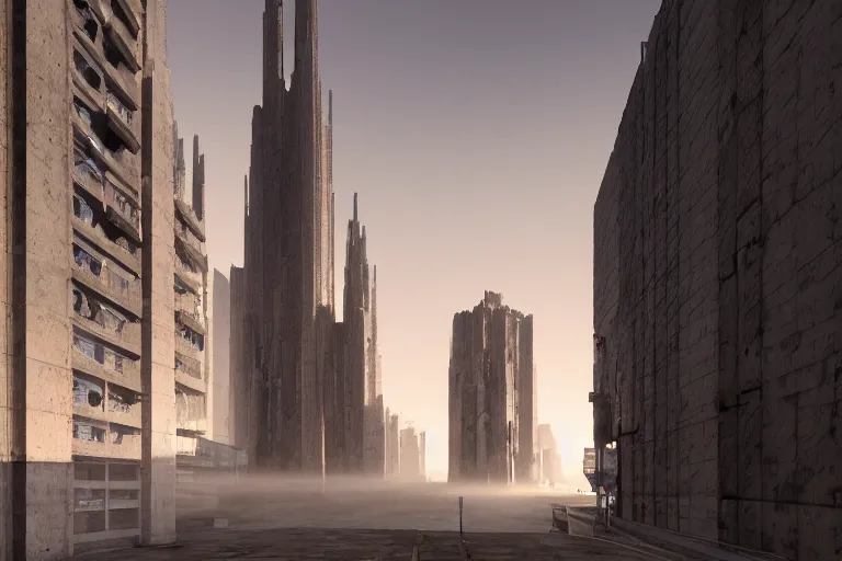 Image similar to streetscape, a towering cathedral of brutalist architecture, buildings covered with greebles, stunning volumetric light, sunset, metal, concrete and translucent material, stunning skies, majestic landscape, trending on Artstation, 8k, photorealistic, hyper detailed, unreal engine 5, IMAX quality, cinematic, epic lighting, in the style of Greg Rutkowski