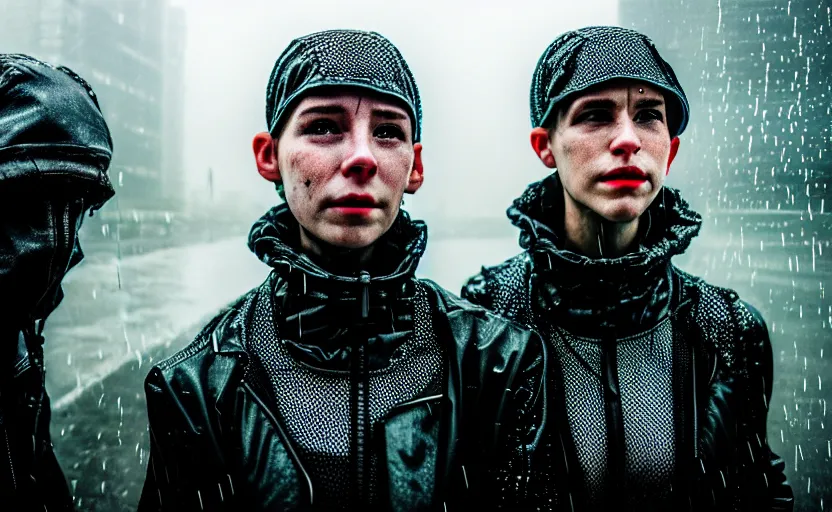 Image similar to cinestill 5 0 d candid photographic portrait by helen levitt of two cyberpunks wearing rugged silver mesh techwear in treacherous waters, extreme closeup, modern cyberpunk moody depressing cinematic, pouring rain, 8 k, hd, high resolution, 3 5 mm, f / 3 2, ultra realistic faces, ex machina