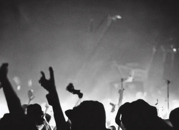 Image similar to a 2 8 mm macro photo from the back of a crowd at a rock concert festival in silhouette in the 1 9 6 0 s, bokeh, canon 5 0 mm, cinematic lighting, dramatic, film, photography, golden hour, depth of field, award - winning, 3 5 mm film grain