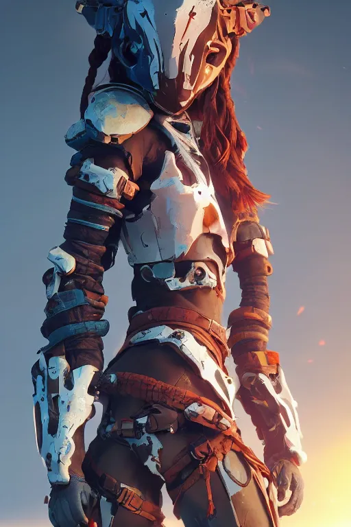 Image similar to combination suit armor aloy horizon forbidden west horizon zero dawn robot ninja mask helmet backpack tribal, aesthetic octane render, 8 k hd resolution, by ilya kuvshinov and cushart krentz and gilleard james radiating a glowing aura cgi rtx 2 0 2 2