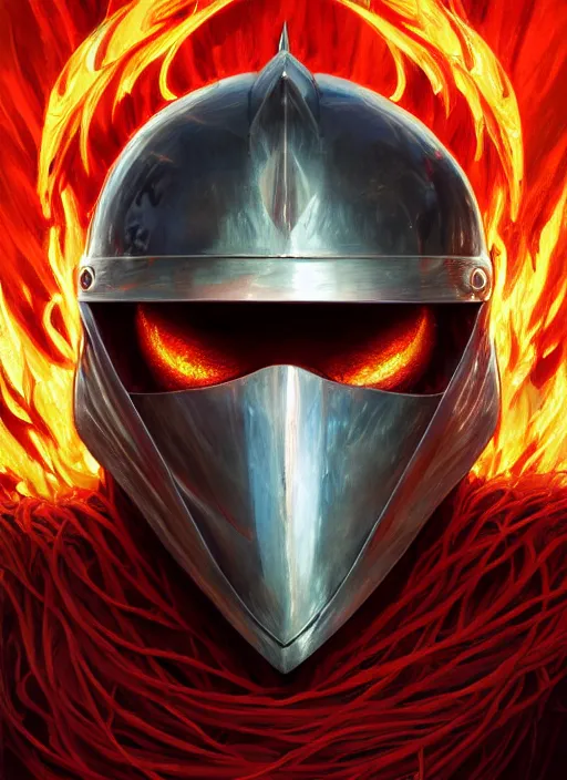 Prompt: highly detailed portrait of knight's helmet reflecting red dragon reflection detailed, 8 k blocking flames fire, green eyes, fantasy art by by simon bisley, loish, rhads, ferdinand knab, makoto shinkai and lois van baarle, ilya kuvshinov, rossdraws, tom bagshaw, global illumination, radiant light, detailed and intricate environment