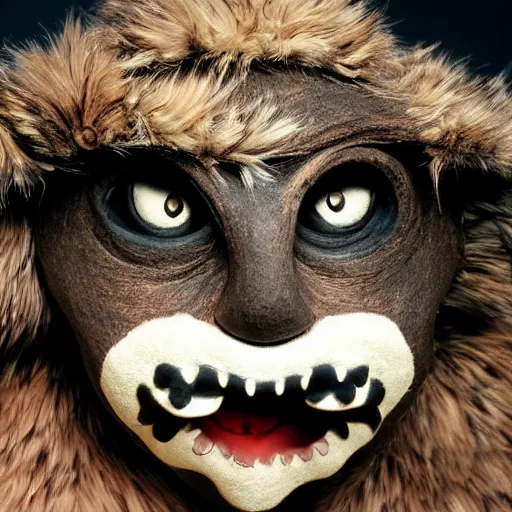 Image similar to a monster with a wooden face with painted eyes and multiple layers of fur and fabric, photography by shoji ueda