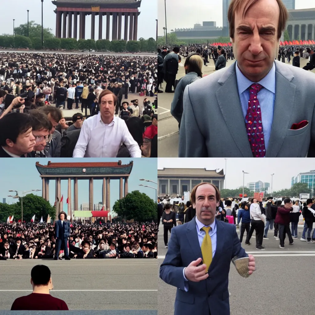 Prompt: Saul Goodman at Tiananmen Sqaure protest