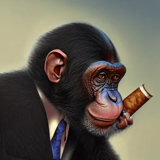 Image similar to a chimp wearing a suit smoking a cigar, dramatic lighting, cinematic, establishing shot, extremly high detail, photorealistic, cinematic lighting, artstation, style by James Gurney