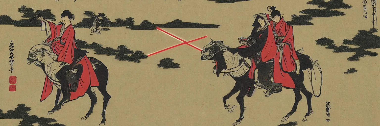 Image similar to Jedi riding on horseback with a lightsaber, rice paddy, ukiyo-e painting