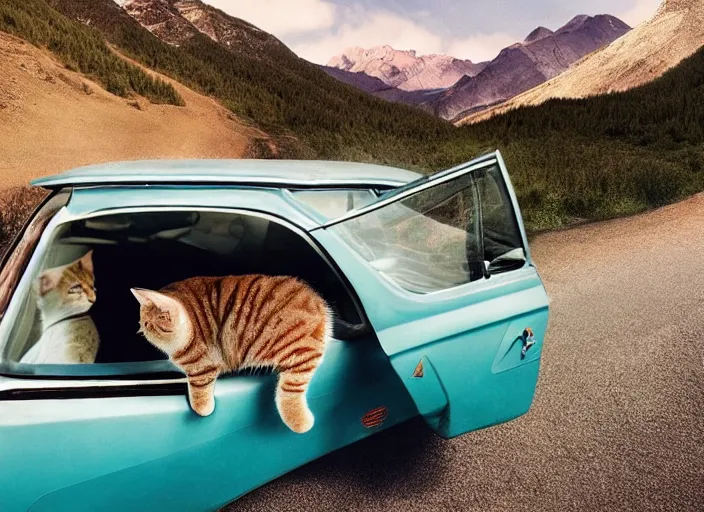 Image similar to A very high resolution image from a new movie, a cat driging around, inside of a car , mountains, Polaroid, directed by wes anderson