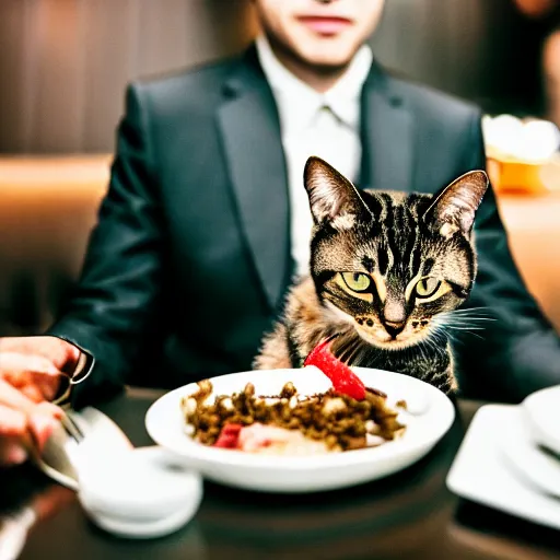 Image similar to A photo of a cat wearing a suit sitting in a fancy and expensive gourmet restaurant and eating a plate of cat food. f/2.8, dim lighting, award winning photo