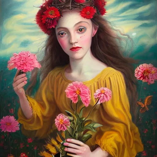 Prompt: a young girl portrait with porcelain face, big eyes, dressed in a vintage long dress flying in the wind, blooming mystic creatures in her head, holding flowers in her hands, conceptual art, oil fantasy painting, hyperdetailed, dramatic light, 8 k