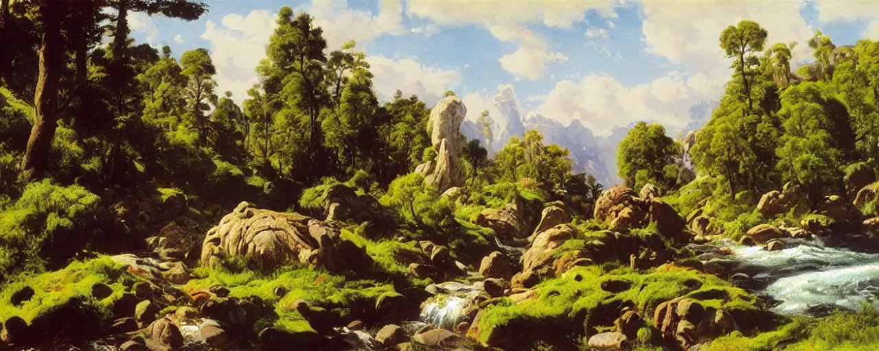 Prompt: disney illustrated background of a flowery rocky grassy field with a river flowing by eugene von guerard, ivan shishkin, john singer sargent