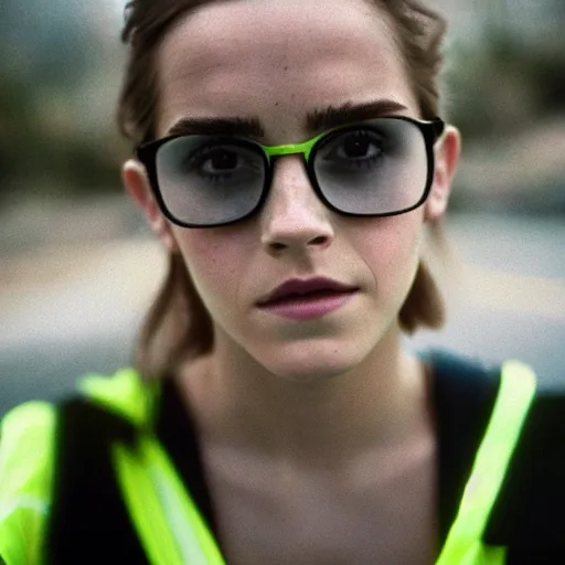 Image similar to photo, close up, emma watson in a hi vis vest, chewing tobacco, portrait, kodak gold 2 0 0,