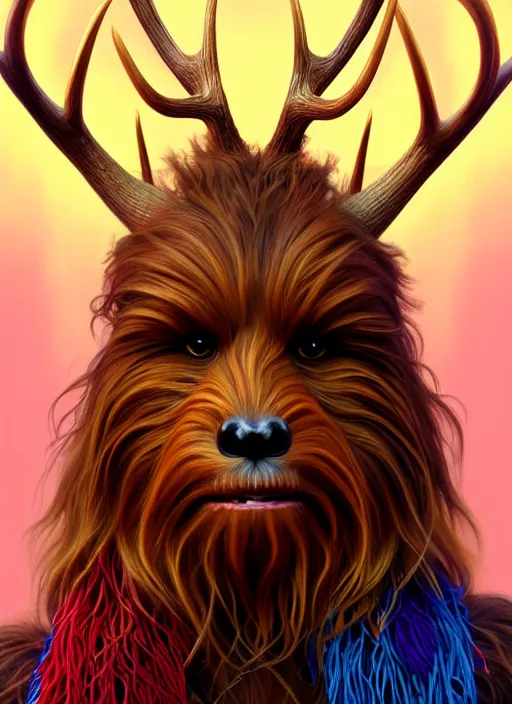 Image similar to symmetry!! portrait of chewbacca as antlered deer wearing a colorful scarf!, intricate, elegant, highly detailed, digital painting, artstation, concept art, smooth, sharp focus, illustration, art by artgerm and greg rutkowski and alphonse mucha, 8 k