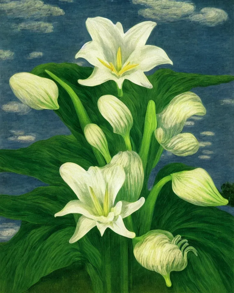 Prompt: achingly beautiful close - up painting of one giant white lily on green background rene magritte, monet, and turner. piranesi.
