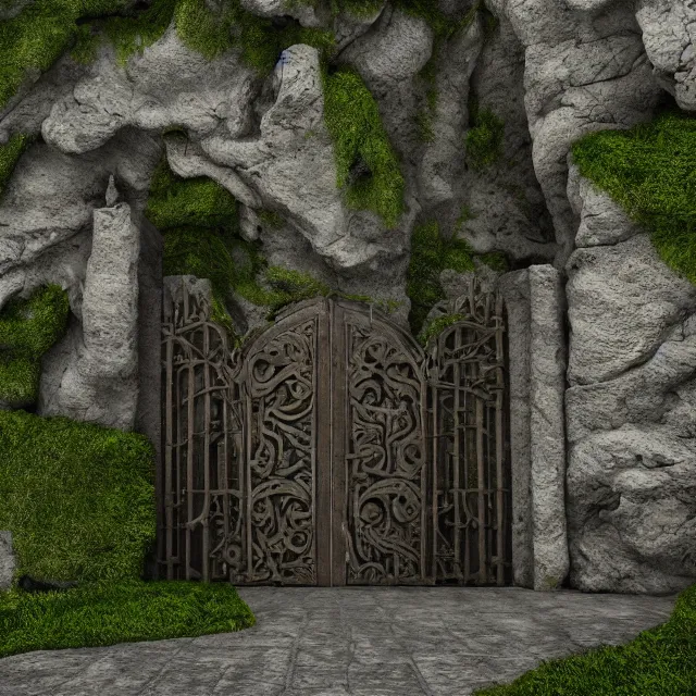 Prompt: a beautiful realistic detailed castle carved in a stone, gate, surreal, surrounded by mold and moss, photorealistic, octane render, volumetric lighting, 8 k, cinematic lighting, hd